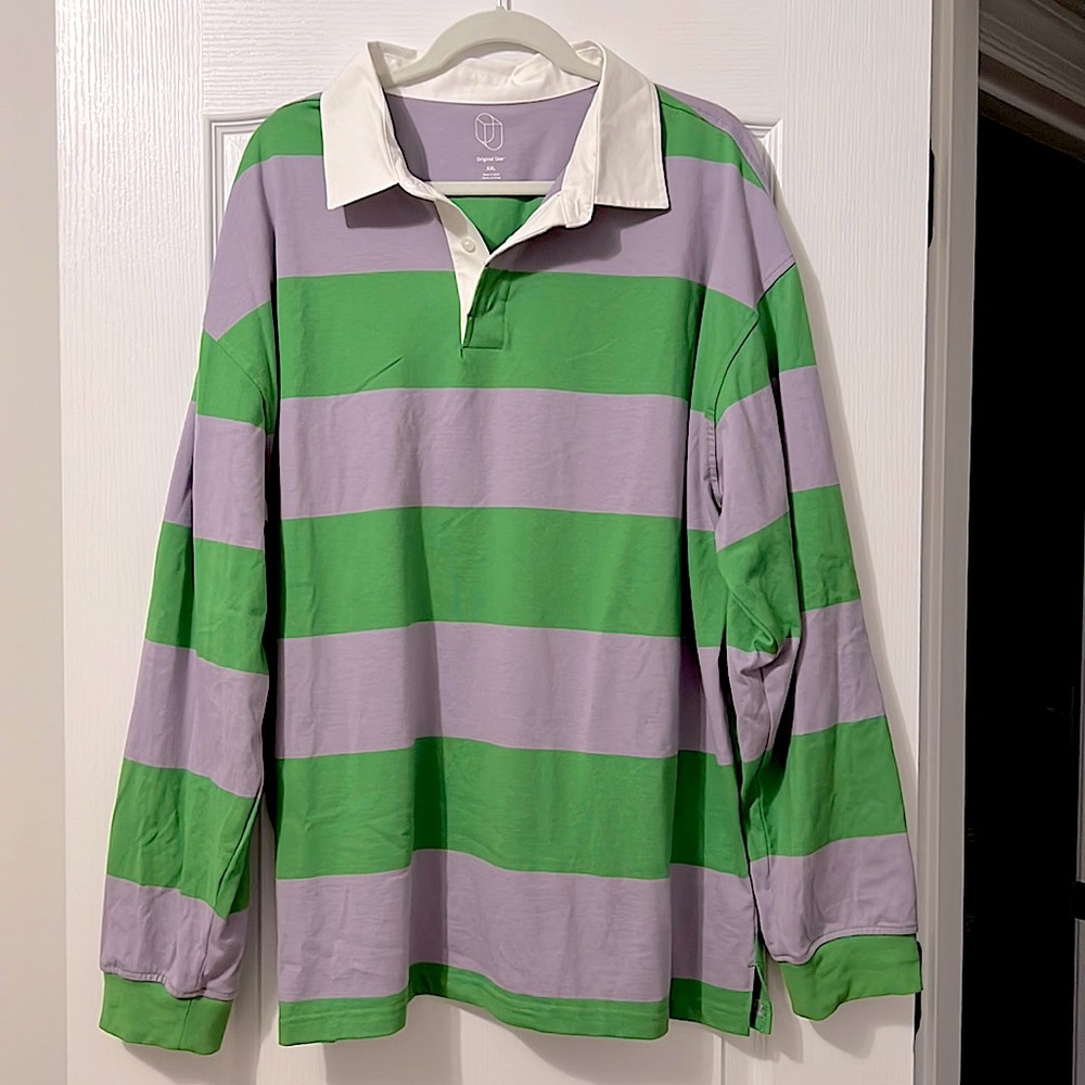 Original Use Unisex Purple and Green Collared Rugby Long Sleeve